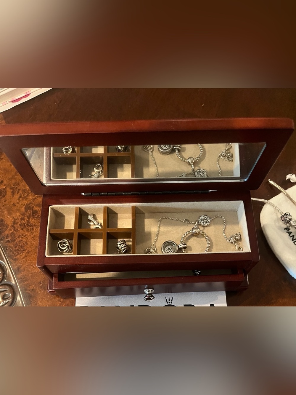 Wood Cream Jewelry Organizer Box with Mirror perfect for Pandora charms